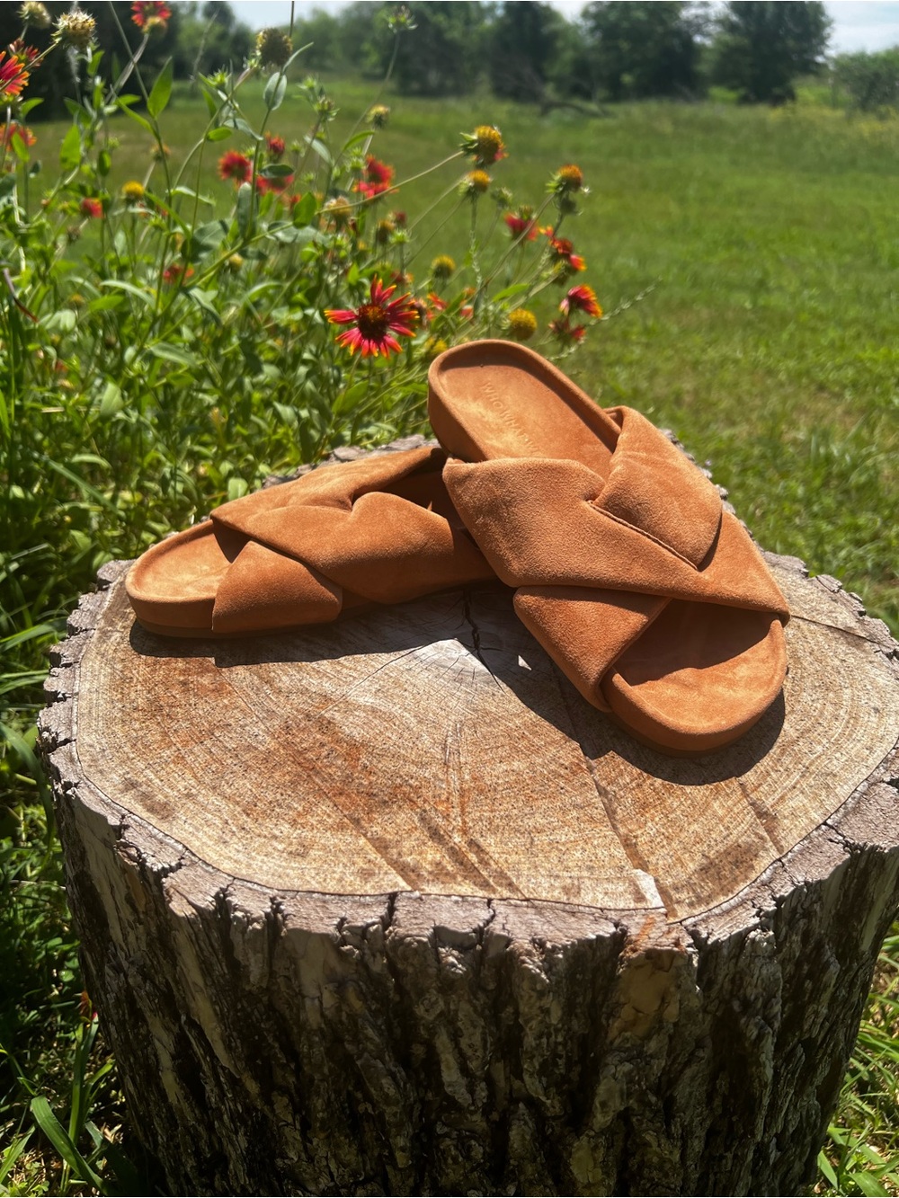 WeWoreWhat Suede Cross-Band Slides in Cognac Brown